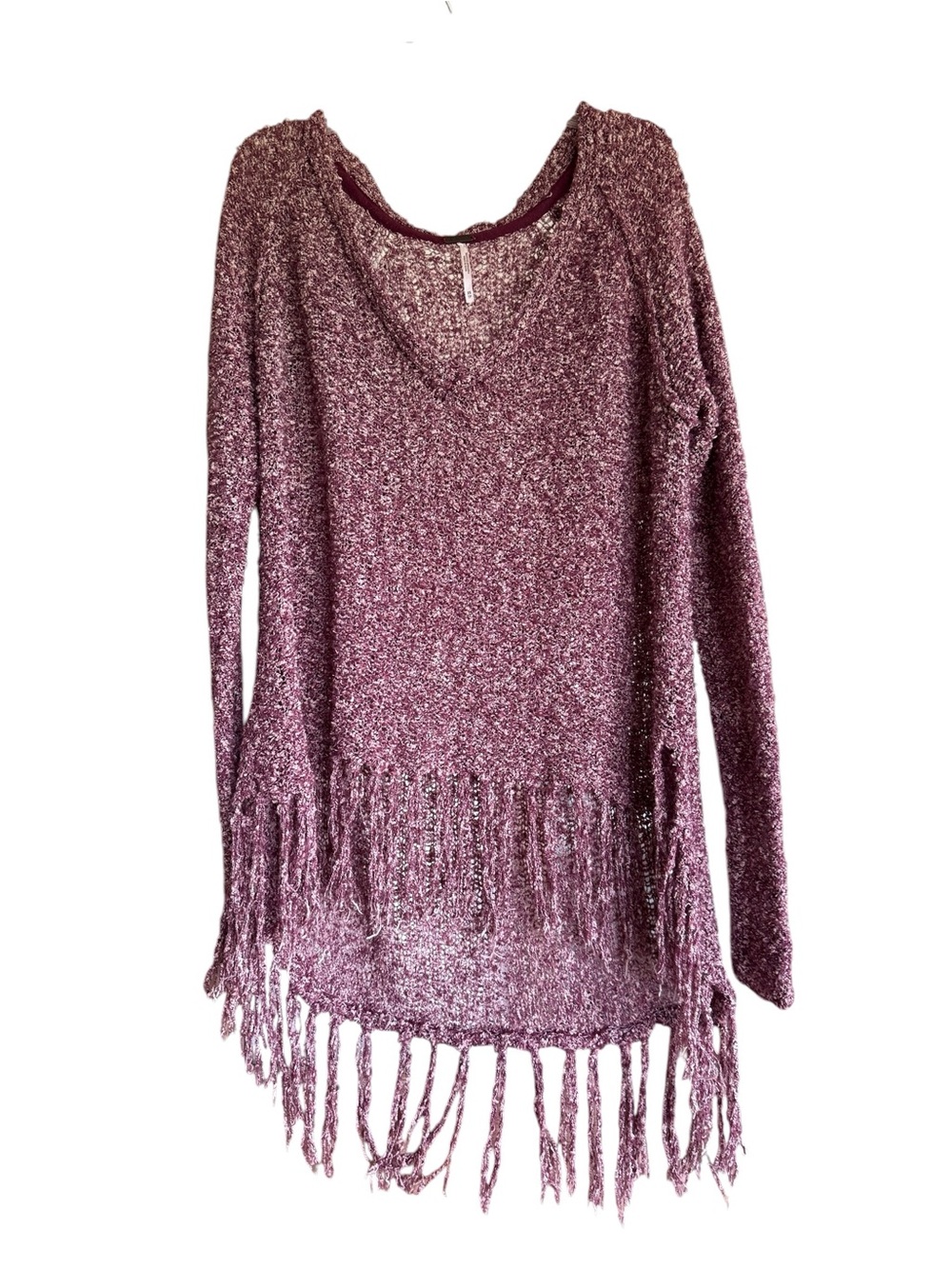 Free People Marled Fringe V-Neck Open Knit Sweater Purple Burgundy Boho XS